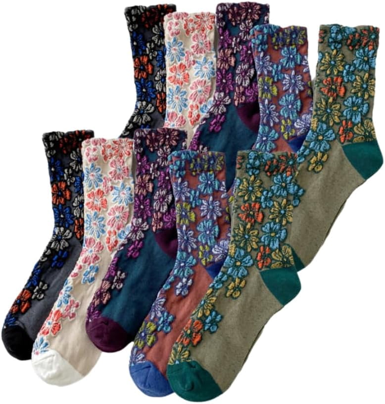 5 Pairs Women Ethnic Flower Embossing Cotton Socks