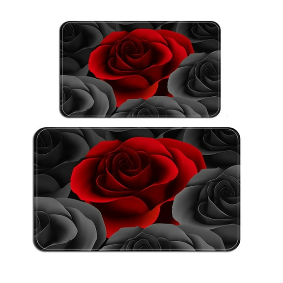 XIAWE 2 Piece Bathroom Rugs Red Flowers Pttern Flannel Polyester Water Absorbent Non Slip Bath Mats Set