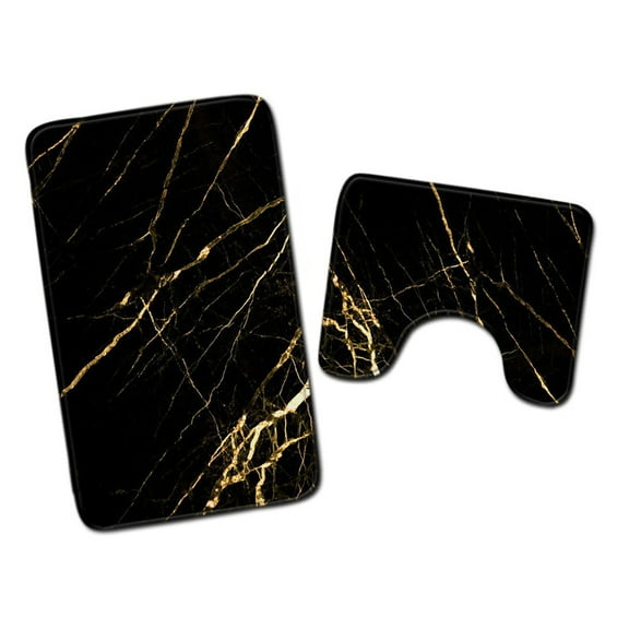 XIAWE 2Pcs/Set Bathroom Rugs Non-Slip Water Soft Absorbent Flannel Black Gold Marbling Grain Bath Mats