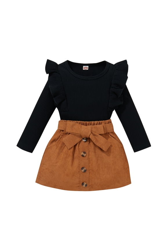 Toddler Baby Girl Clothes Ruffle Long Sleeve Ribbed Knit Tops Bowknot Waistband Mini Skirt Outfits Black 4-5 Years