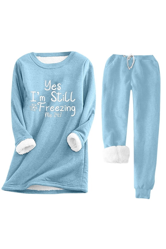2 Piece Outfits Women Clearance Winter Lounge Wear Sets Fleece Lined Casual Crewneck Pullover and Joggers Tracksuit Full Set for Ladies Warm Co Ord Sets