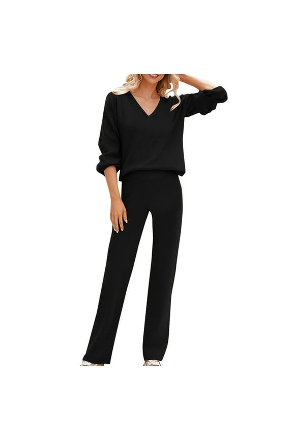 2 Piece Outfits for Women Co Ord Sets Sales Sweater Sets V Neck Solid Color Knit Pullover Tops with High Waisted Wide Leg Pants Tracksuit Loungewear Set Plus Size