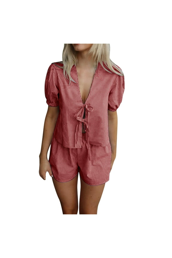 2 Piece Short Sets for Women Summer Checkered Short Sleeve Lace-Up Top & Elastic Waist Shorts Set Cute Casual Tracksuit Lounge Sets
