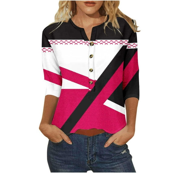 XIAfhje 3/4 Length Sleeve Womens Tops Summer Top V-Neck Short Sleeve Blouses With Buttons Solid Color/Printed T-Shirt Loose Top Tees Tunic Blouse(S-3Xl)