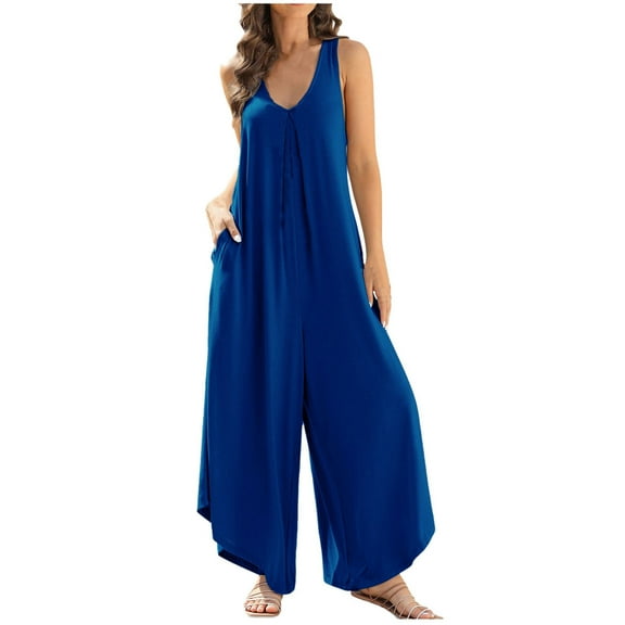 XIAfhje Jumpsuits For Women Casual Summer Rompers Sleeveless V Neck Jumpsuits Loose Overalls With Pockets Wide Leg Long Pants Overalls