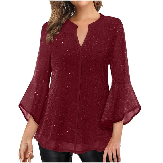 XIAfhje Ladies Blouses 3/4 Ruffle Sleeve Tunic Tops Elegant V Neck Blouse Dressy Casual Shirts Solid Color Shiny Tops Holiday Party Comfy Mesh Layered Tops S-Xxl