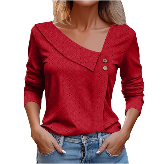 XIAfhje Ladies T Shirt Elegent Eyelet Embroidery Tops for Womens 3/4 Sleeve Skew Collar Shirt Casual Loose Basic Blouse Summer Dressy Blouses Trendy Tops Solid Color