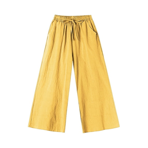 XIAfhje Linen Pants Women Palazzo Pants Cropped Pants Fashion Plus Size Drawstring Casual Solid Elastic Waist Pocket Loose Pants Casual Flowy Pants Straight Leg Lounge Trouser