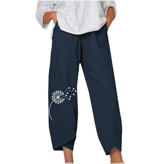 XIAfhje Linen Pants Women Wide Leg Linen Pants For Women Summer Casual Cotton Linen Printing Pants With Pocket Trousers High Waisted Cargo Pants Wide Leg Pants