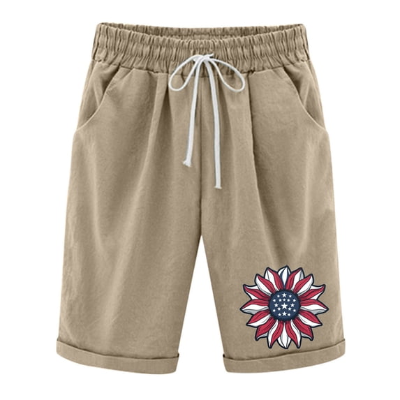 XIAfhje Linen Shorts Women Printed/Solid Color Shorts Independence Day Shorts Elastic High Waist Shorts For Casual With Pockets Casual Half Shorts Pants Summer Bermuda Lounge Shorts