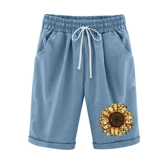 XIAfhje Linen Shorts Women Printed/Solid Color Shorts Independence Day Shorts Elastic High Waist Shorts For Casual With Pockets Casual Half Shorts Pants Summer Bermuda Lounge Shorts
