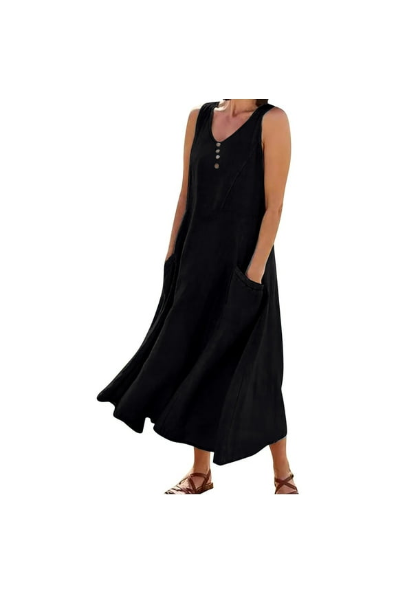 Long Dresses for Women Sundresses Plus Size Loose Sleeveless U-Neck Tank Dress Printed/Solid Boho Beach Shirt Maxi Flowy Dresses with Pocket