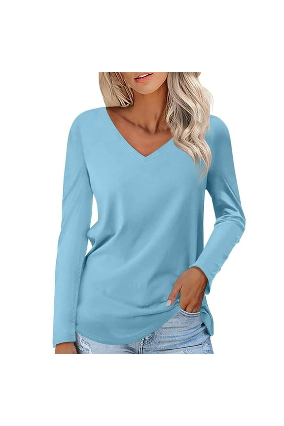 Long Sleeve T Shirts Women V Neck Plain Fitted Tshirts Women Loose Summer Tees Basic Tunic Tops Solid Color Comfy Oversized Baseball Tshirts Tunic Tops