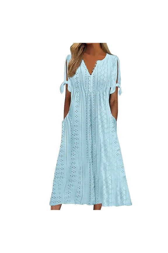 Maxi Dresses for Women 2024 Summer Casual Loose Button V Neck Short Sleeve Dresses Solid Color Long Dresses with Pockets