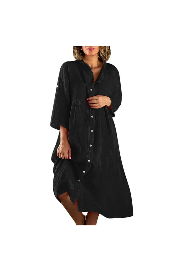Midi Dresses for Women Summer Casual Button Down Cotton Linen Dress 3/4 Sleeve Stand Collar Loose Plus Size Shirt Dresses