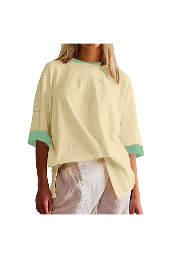 Oversized Tshirts for Women Color Block T-Shirts Short Sleeve Round Neck Patchwork Sweatshirt Side Split Casual Loose Fit Summer Tee Tops