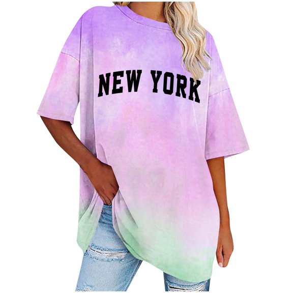 XIAfhje Oversized Tshirts for Women Short Sleeve Round Neck Tunic Tops Letter Graphic Print Gradient T-Shirt Loose Casual Drop Shoulder Tees Shirts