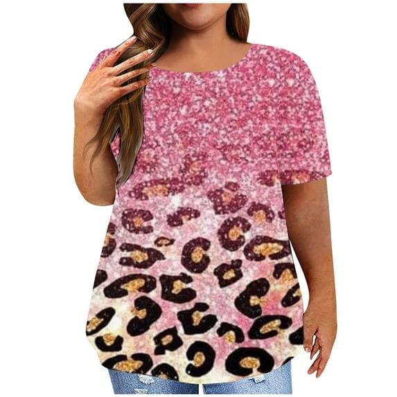 XIAfhje Plus Size Tops For Women Going Out Tops Fashion Casual Solid Color/Printing Blouse Round Neck Short Sleeve T-Shirt Summer Loose Oversized Tshirts Tops Basic T Shirts Blouses