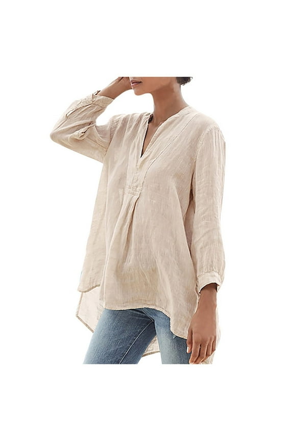 Plus Size Women Tops Loose Fit Casual Summer Long Sleeve V-Neck Tee Shirt Blouse Top Linen Shirts Oversized Tshirts