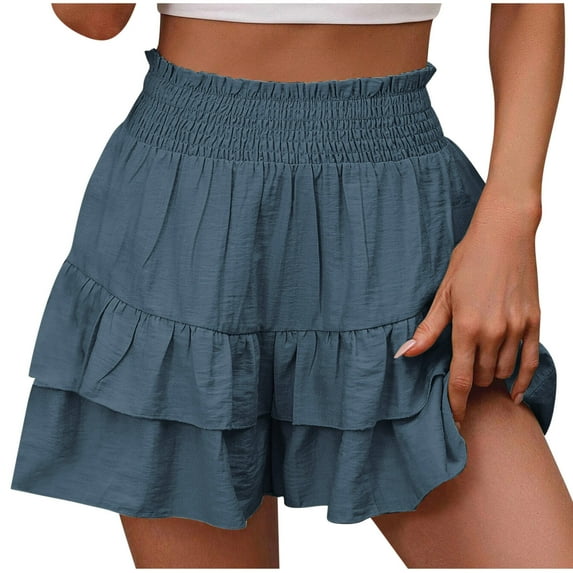 XIAfhje Shorts Women Summer Solid Color High Waisted Shorts With Ruffle Pleated Hem Casual Shorts Beach Shorts Wide Leg Lounge Shorts With Drawstring