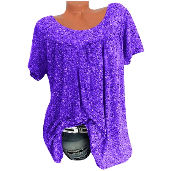 XIAfhje Summer Blouse for Women Short Sleeve Pleated Tunic Tops Round Neck T-Shirts Casual Loose Floral Printed Tunic Blouse Shirts Plus Size Comfy Tee Shirt