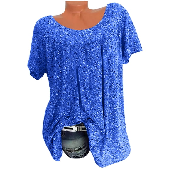 XIAfhje Summer Blouse for Women Short Sleeve Pleated Tunic Tops Round Neck T-Shirts Casual Loose Floral Printed Tunic Blouse Shirts Plus Size Comfy Tee Shirt