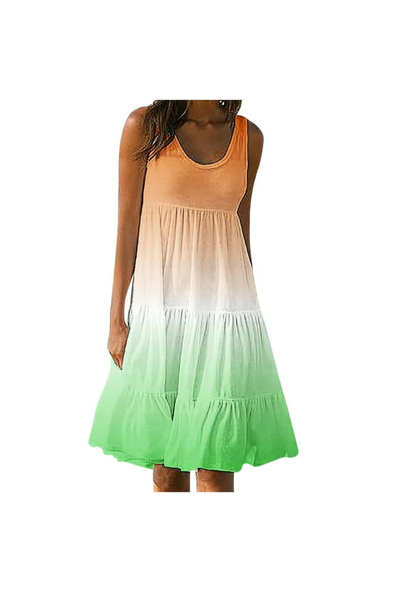 Summer Dresses for Women Sleeveless U-Neck Solid Color/Gradient Color Flowy Tshirt Tank Sundresses Beach Boho Ruffled Knee-Length Dress