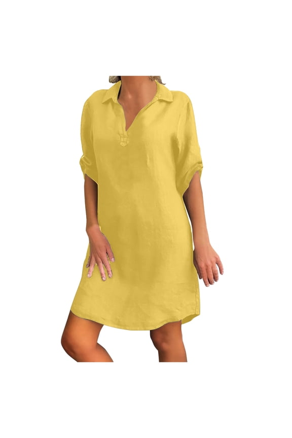 Summer Dresses for Women Straight Dress Solid Color Casual Dress 3/4 Sleeve V Neck Dresses Vacation Loose Beach Dress