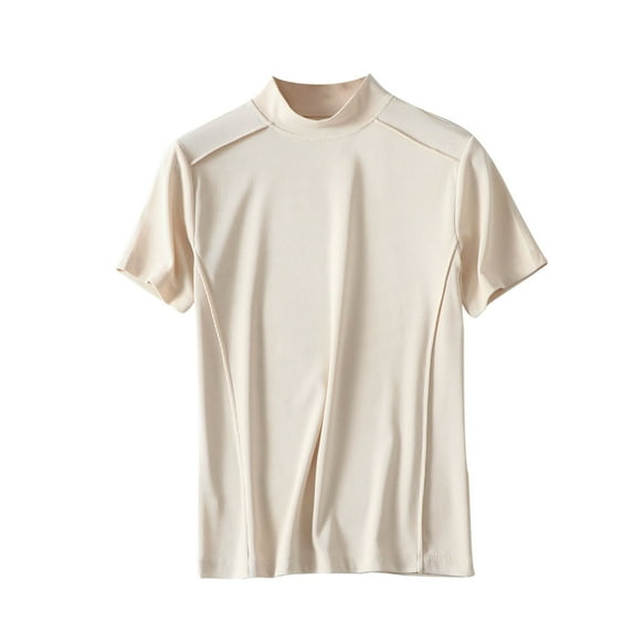 XIAfhje Summer Tops Womens Plus Size Tops Round Neck Half High Neck T-Shirt Short Sleeved Base Shirt Cotton Top Solid Color Top/Shirt Trendy Soft Casual Summer Clothes Outfits 2024