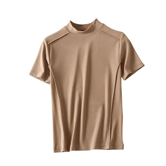 XIAfhje Summer Tops Womens Plus Size Tops Round Neck Half High Neck T-Shirt Short Sleeved Base Shirt Cotton Top Solid Color Top/Shirt Trendy Soft Casual Summer Clothes Outfits 2024