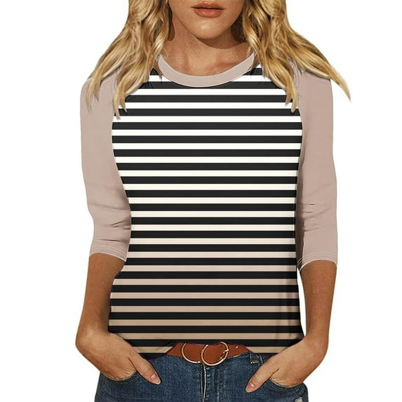XIAfhje Summer Tops for Women 2024 Round Ncek T Shirts 3/4 Sleeve Blouse Color Block Patchwork Striped Gradient Tee Shirts