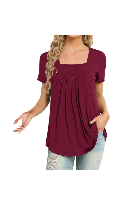 Summer Tops for Women 2024 Short Sleeve Square Neck Pleated T-Shirt Loose Casual Solid Color Soft Basic Tees Shirts Blouse