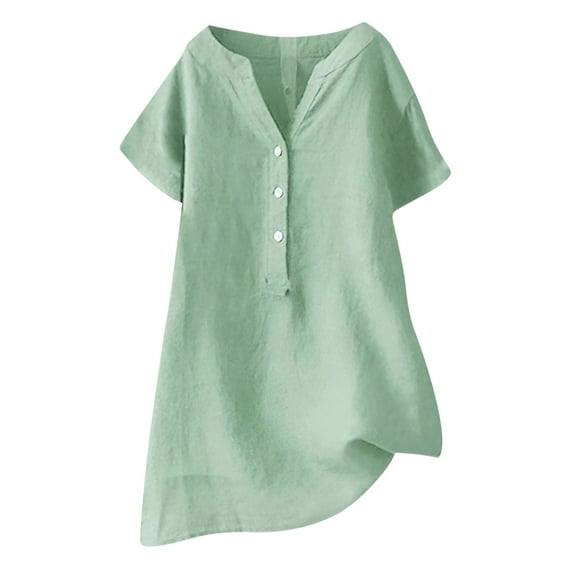 XIAfhje Summer Tops for Women Button Down Cotton Linen Shirts Plus Size V Neck Tees Short Sleeve Blouses Loose Casual Linen Shirt