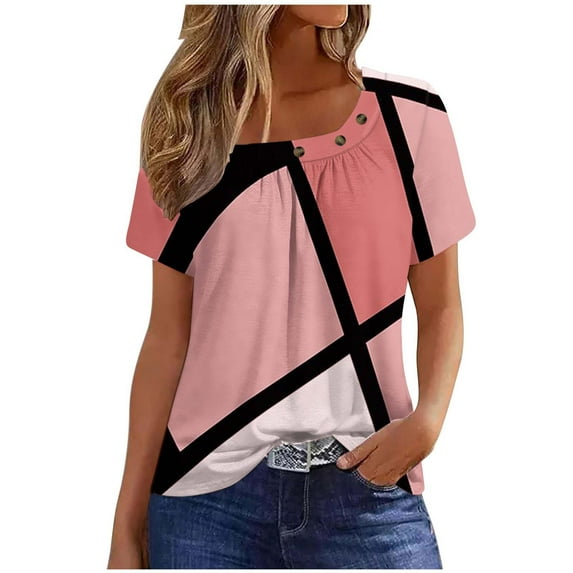 XIAfhje T Shirts for Women Short Sleeve Square Neck Pleated T-Shirt Top Printed Shirts Summer Casual Loose Fit Button T-Shirt Tee