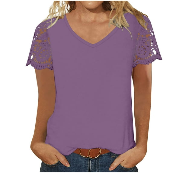 XIAfhje Tops For Women 2024 Summer Casual Loose T-Shirt Solid Color V-Neck Lace Patchwork Short Sleeved T-Shirt Summer Clothes Trendy Basics Tees Clothing