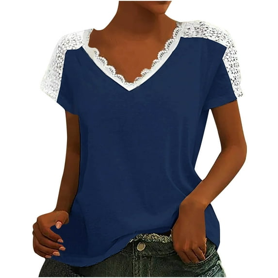 XIAfhje Tops For Women Going Out Tops Summer Casual V-Neck Bow Short-Sleeved T-Shirt Lace Patchwork Top Fashion Tops Lightweight Casual Tees Basic T Shirt 2024