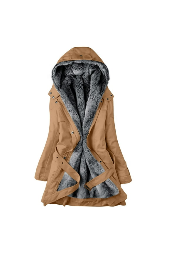 Winter Jacket for Women Warm Fleece Lined Parkas Jackets Thickened Plush Collar Windproof Outerwear Hood Overcoat Mid Length Zipper Solid Color Trench Coat
