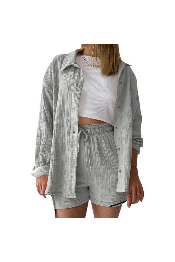 Women 2 Piece Outfits Cotton Linen Long Sleeve Button Down Shirt Blouse and Shorts Set Lounge Summer Beach Vacation Tracksuits