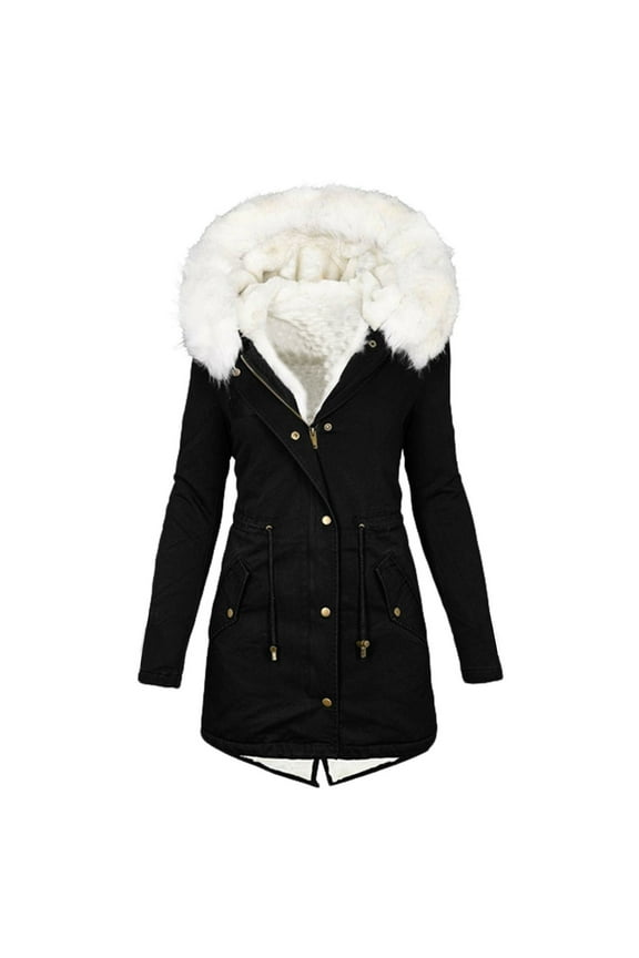 Women Coats Sale Winter Warm Thick Fleece Lined Hooded Parka Jacket Zip Up Drawstring Outerwear with Fuffly Hood and Pockets
