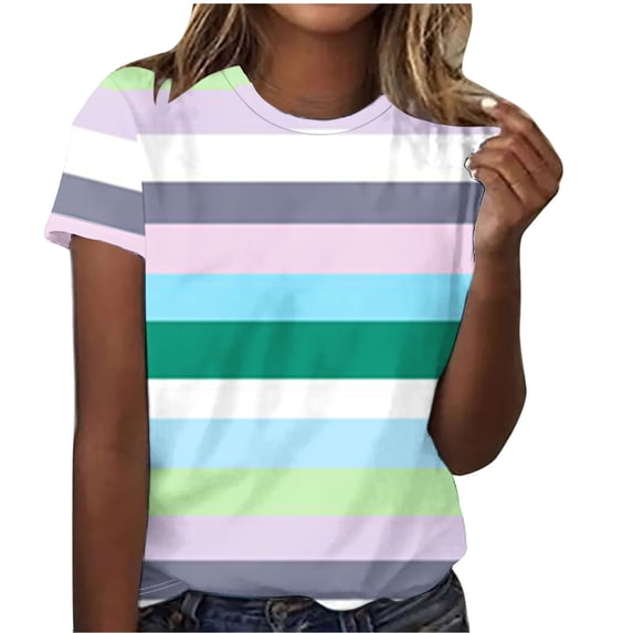 XIAfhje Women Summer Tops Short Sleeve Crewneck Striped Color Block T Shirts Casual Loose Tunic Tops Basic Tee Shirt Pullover