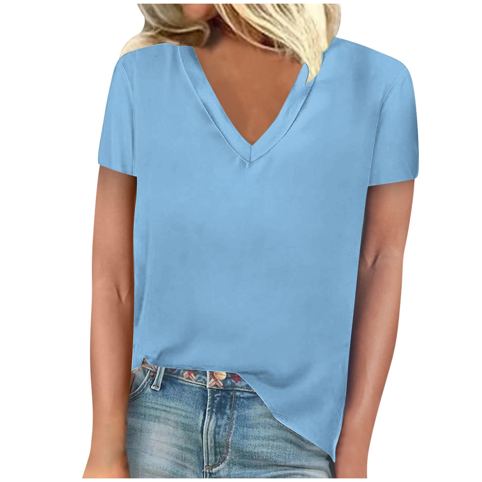 XIAfhje Women T Shirt Sale V Neck Summer Tops Short Sleeve