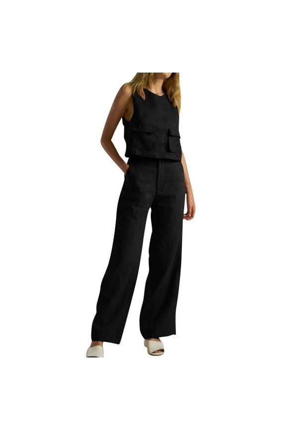 Womens 2 Piece Outfits Cotton Linen Sets Summer Lounge Matching Sets Sleeveless Crop Tank Tops Vest and Wide Leg Pants Loungewear Tracksuit