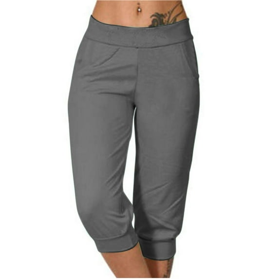 XIAfhje Womens Capris For Summer 2024 Casual Yoga Gym Capri Leggings Solid Color High Waisted Cropped Pants For Lounge Exercise,Workout,Yoga,Jogging