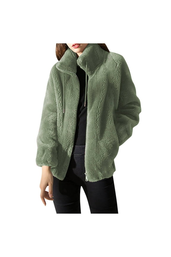 Womens Fuzzy Fleece Jacket Clearance Winter Warm Fluffy Plush Coat Full Zip Stand Collar Jackets Soft Comfy Lightweight Overcoat Cardigan
