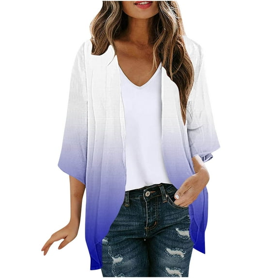 XIAfhje Womens Summer Chiffon Kimonos 3/4 Sleeve Cardigan Open Front Blouse Tops Casual Cozy Solid Lightweight Beach Cover Up