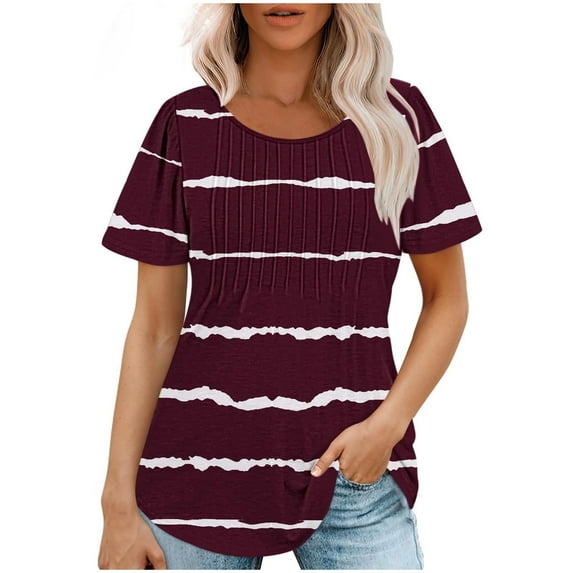 XIAfhje Womens Summer Tops Casual Soft Short Sleeved Round Neck Stripe Printed Top Pleated T Shirt Loose Business Tops Basic Plain Tee Blouses