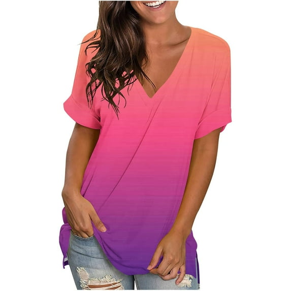 XIAfhje Womens Summer Tops V Neck Short Sleeve Basic Tee Casual Loose Fit Gradient Color T-Shirt Soft Comfy Blouse Tunic Tops