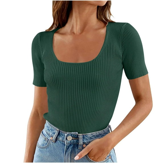 XIAfhje Womens T Shirts Summer Tops Square Neck Ribbed Knit Tee Solid Color Short Sleeve T Shirt Sexy Slim Fit Blouse Y2K Tops Basic Tee Shirts 2024 Trendy Clothes