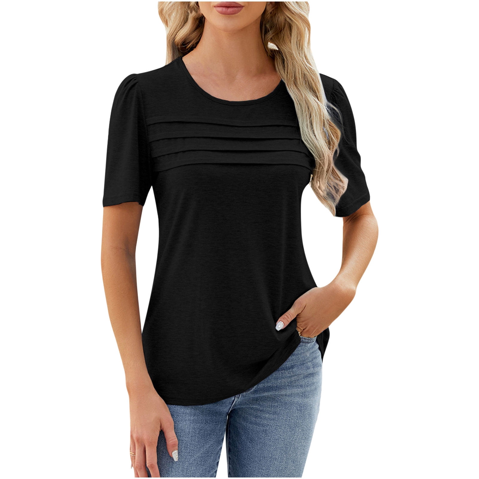 Xiafhje Womens Tops Round Neck Short Sleeves Casual T Shirt Top With