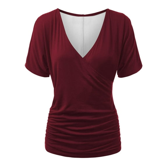 XIAfhje Womens Tops Short Sleeve V-Neck Pleated Top Solid Color T Shirts Summer Casual Blouse Comfy Cozy Tunic Tops Shirt